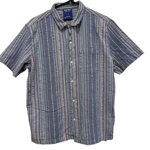 Without Walls Mens Large Blue Stripe Short Sleeve Button Up Shirt‎ Pocket Casual